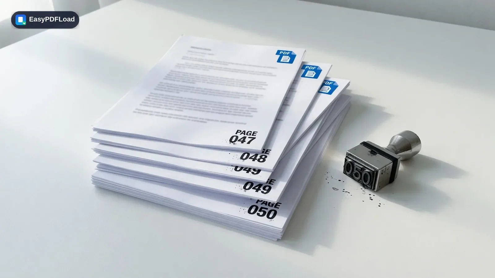 Page numbers being stamped onto the bottom of a PDF document stack — AI-generated illustration, EasyPDFLoad