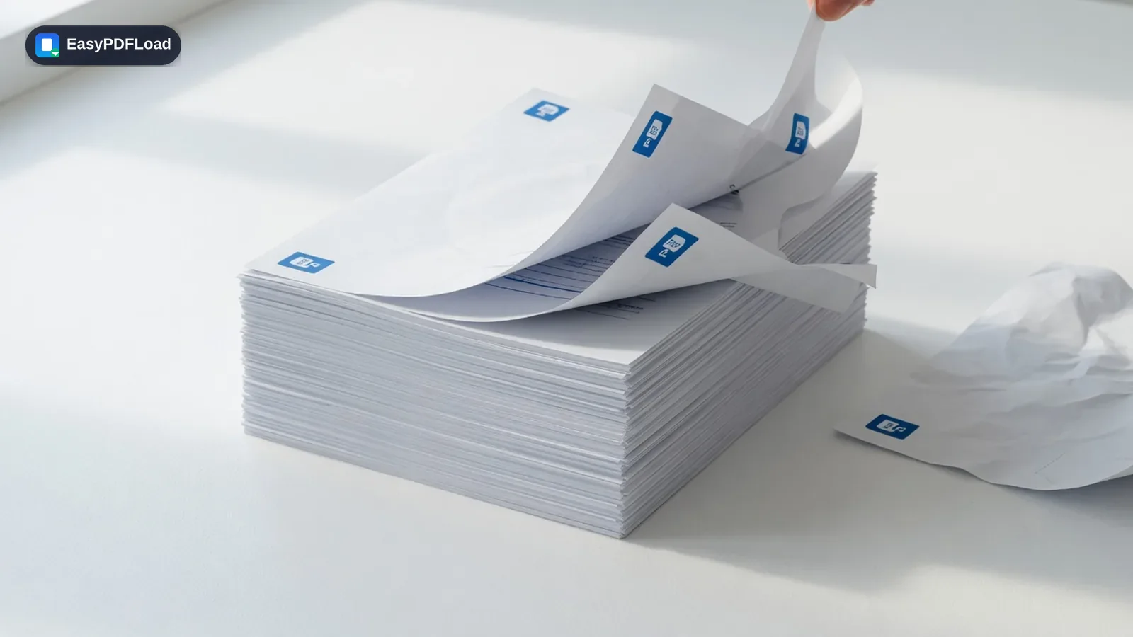 Unwanted pages being lifted out of a PDF stack and discarded on a white desk — AI-generated illustration, EasyPDFLoad