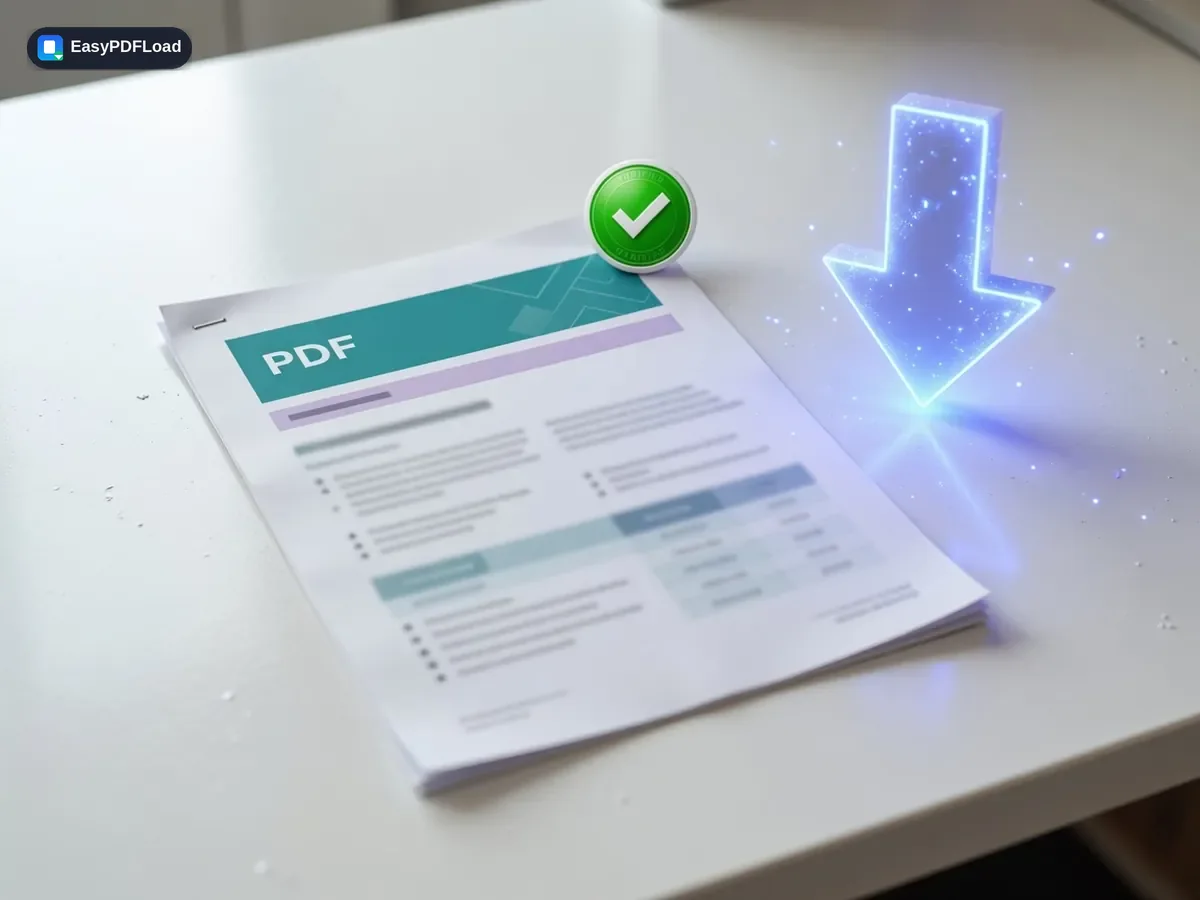 Finished PDF with a green checkmark ready to download from the browser — AI-generated illustration, EasyPDFLoad