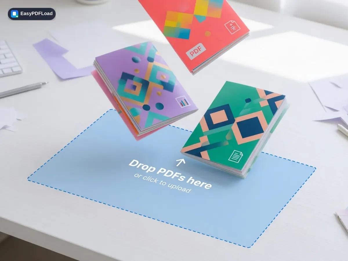 Colorful PDF files dropping onto a dashed upload area labeled drop PDFs — AI-generated illustration, EasyPDFLoad