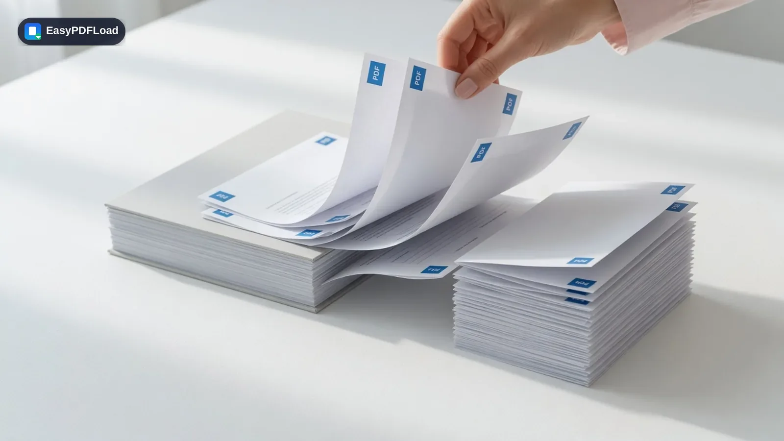 Selected PDF pages pulled from a thick document into a smaller standalone stack — AI-generated illustration, EasyPDFLoad