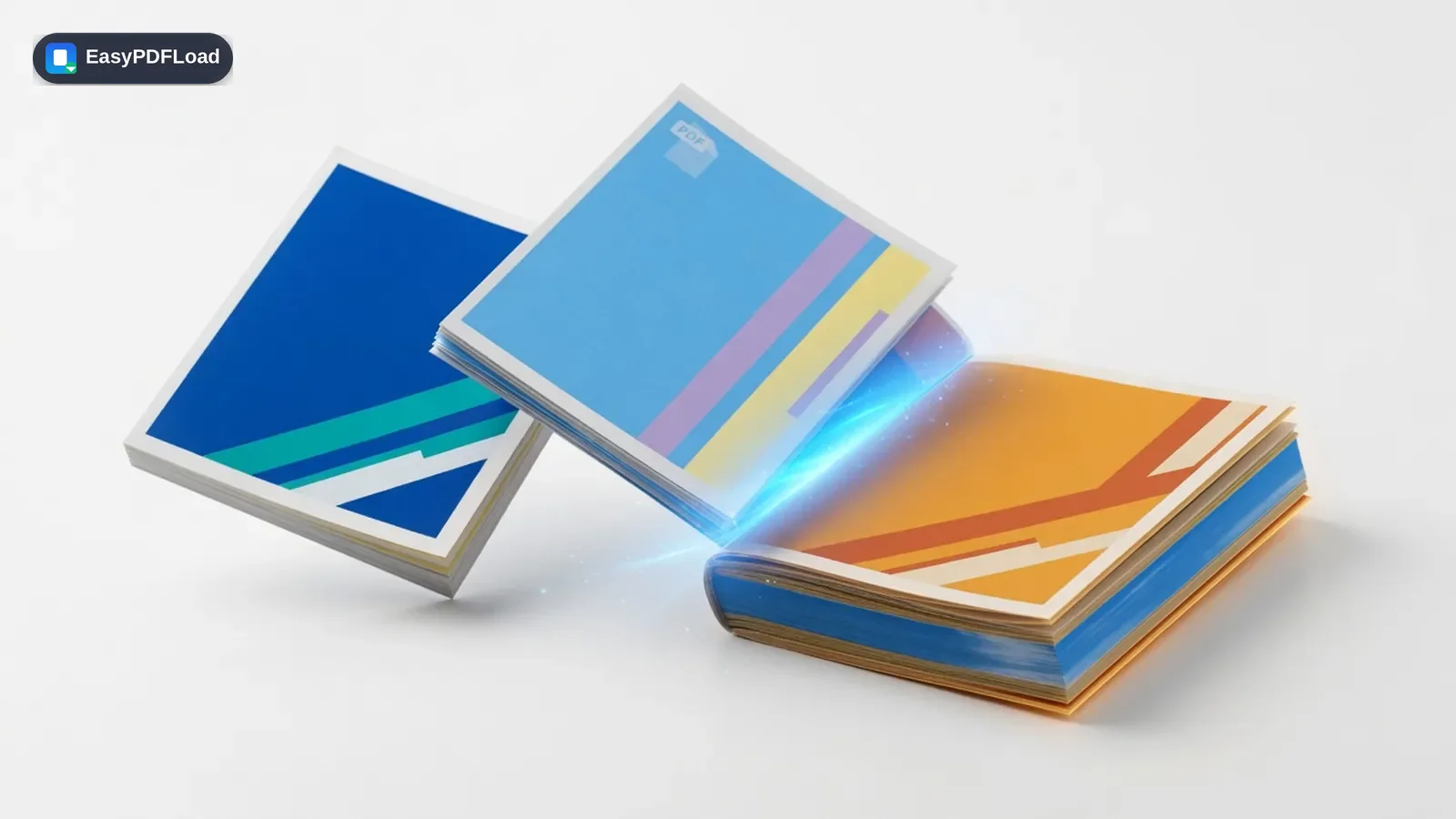 Three colorful PDF documents merging into one combined file on a white studio surface — AI-generated illustration, EasyPDFLoad