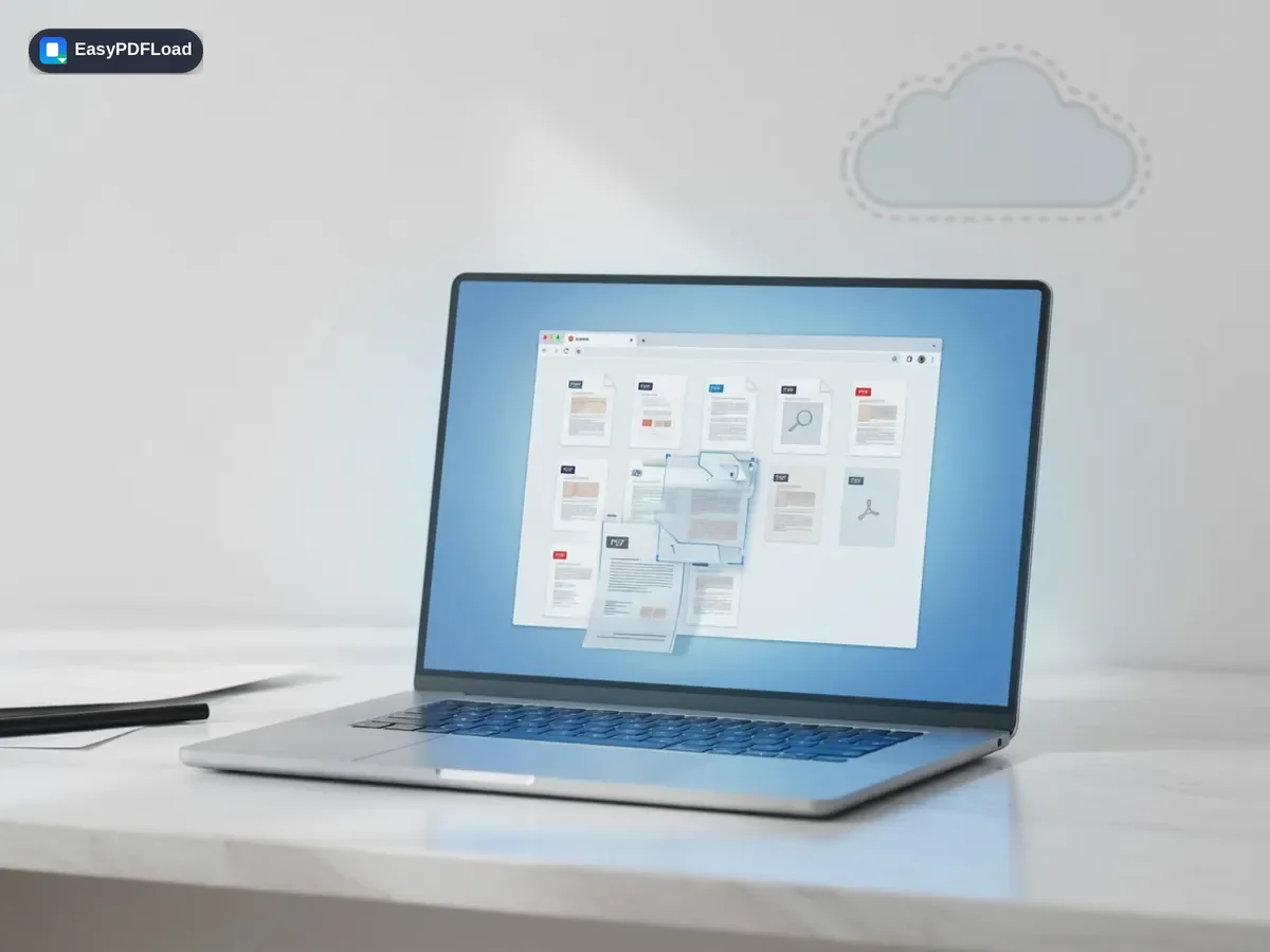 Laptop browser processing PDF files on the device with an unused cloud icon in the background — AI-generated illustration, EasyPDFLoad