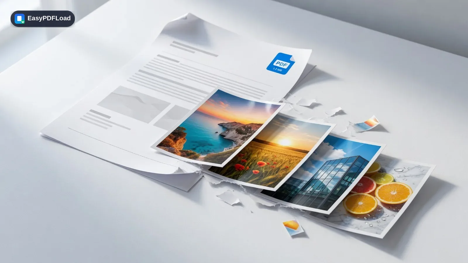 A PDF document transforming into a row of glossy JPG photo prints — AI-generated illustration, EasyPDFLoad