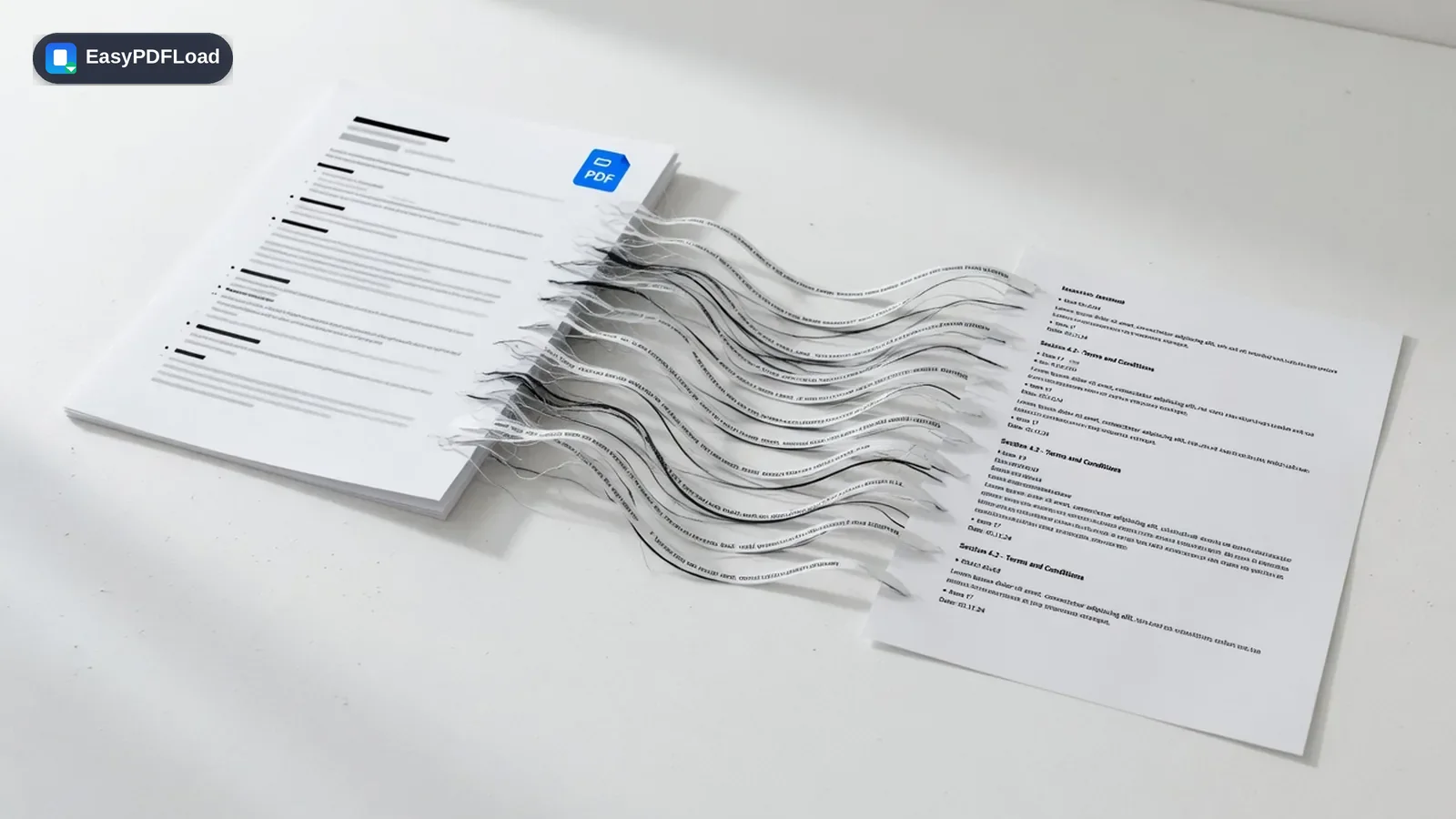 Text flowing out of a PDF document onto a plain text page — AI-generated illustration, EasyPDFLoad