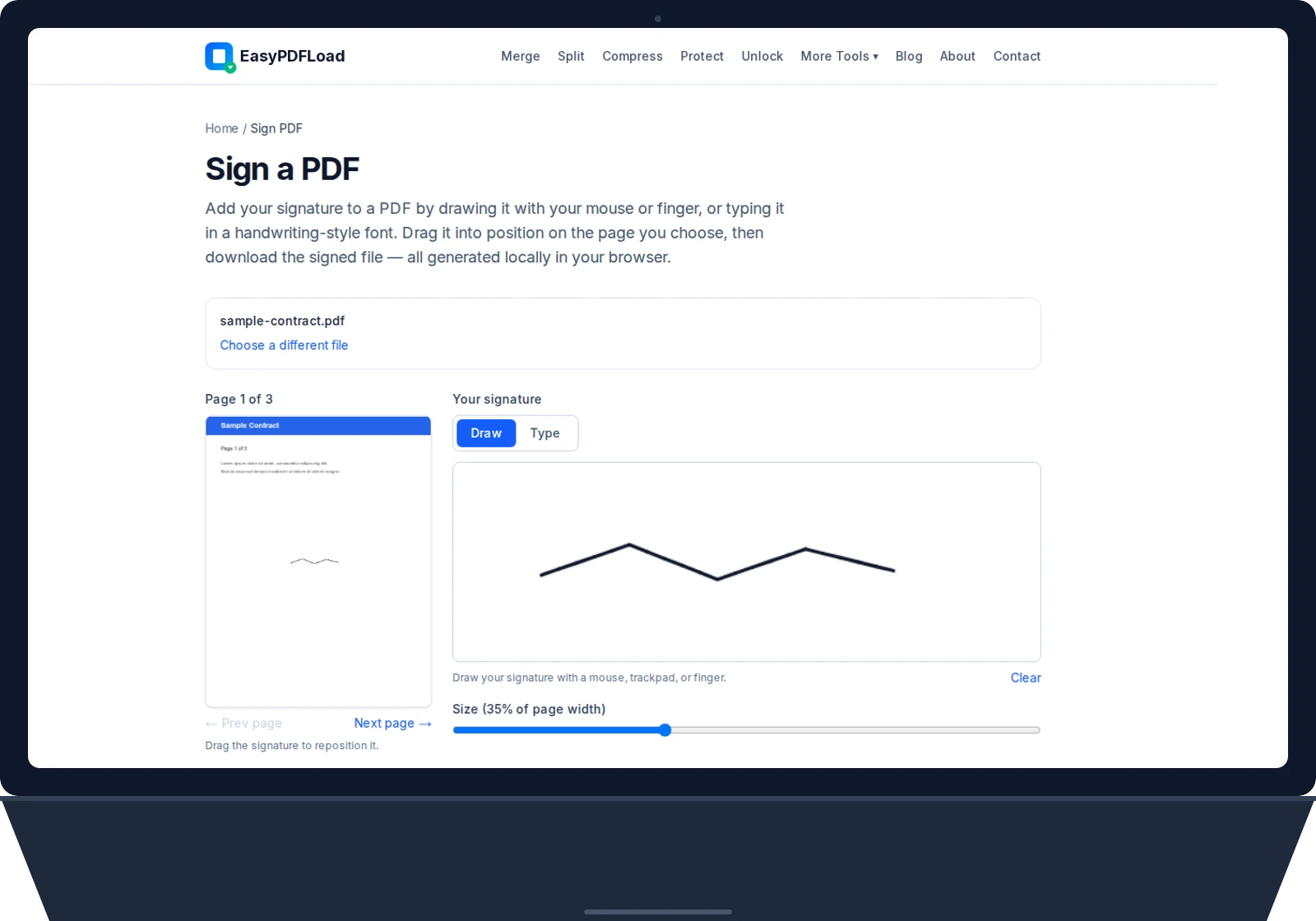 Sign PDF tool open in Chrome on a Chromebook, showing a drawn signature placed on a sample contract with no Play Store app installed — AI-generated illustration