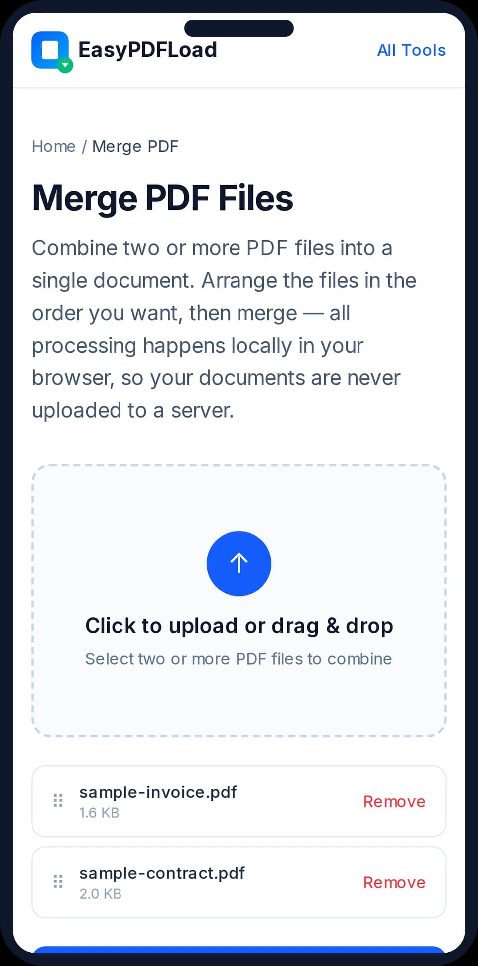 Merge PDF tool open in Safari on an iPhone, with two sample PDF files added and ready to combine — no app installed — AI-generated illustration