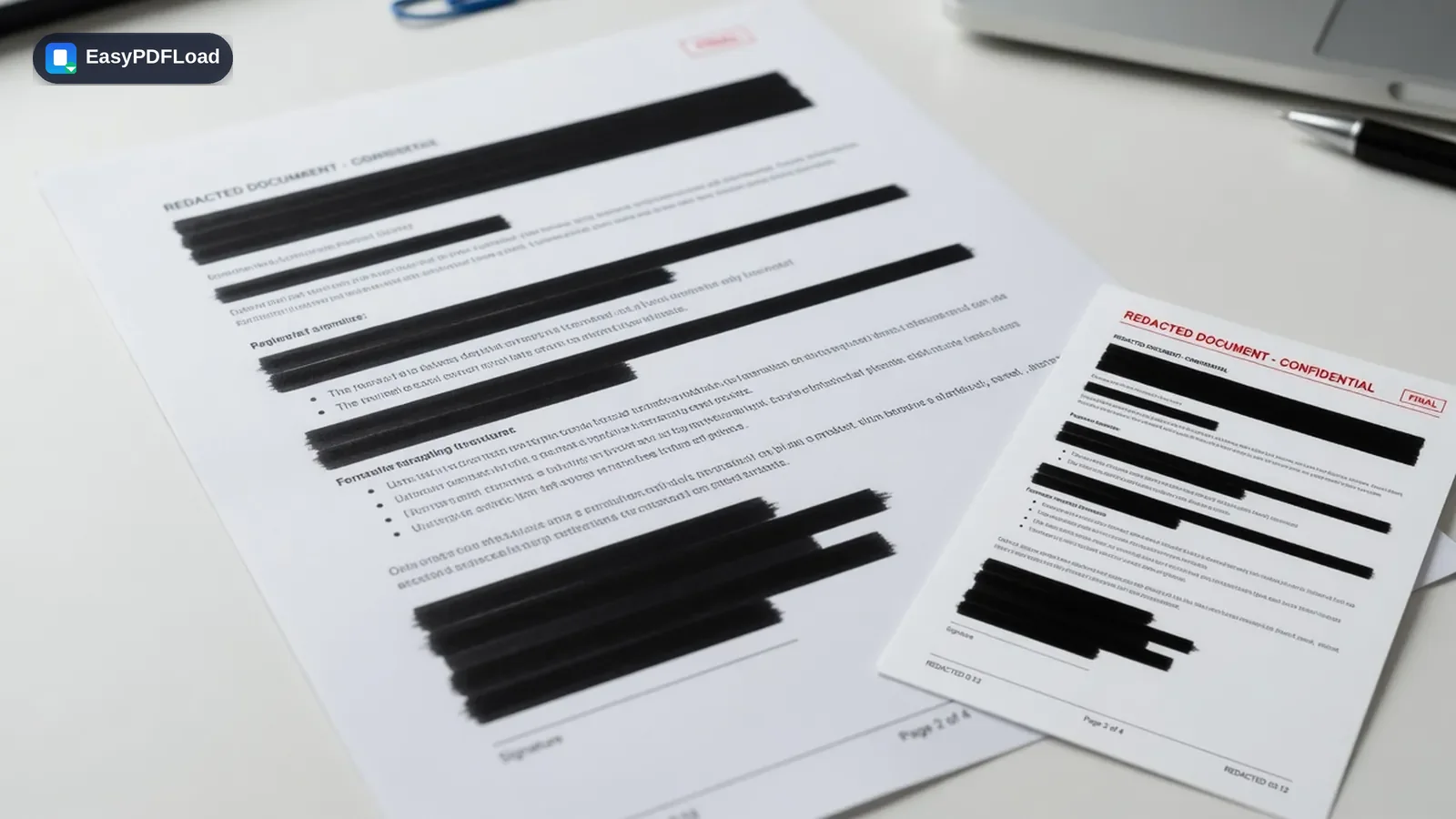 A confidential PDF with black redaction bars covering sensitive lines — AI-generated illustration, EasyPDFLoad