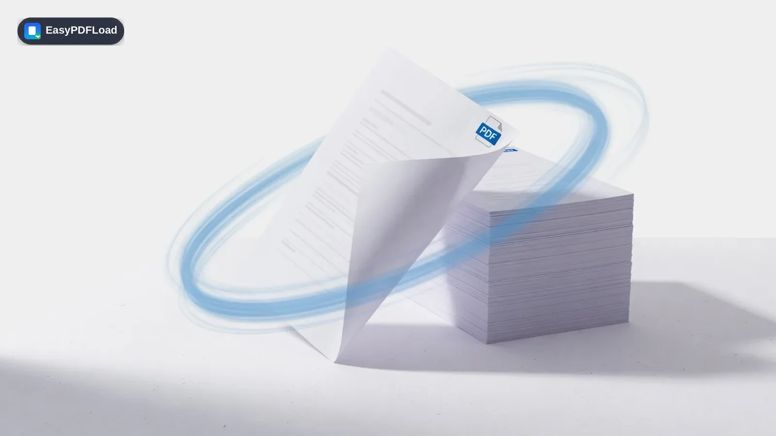 A sideways PDF page spinning upright onto a stack of documents, with a blue motion arc — AI-generated illustration, EasyPDFLoad