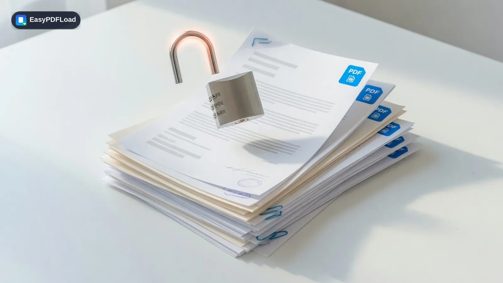 An open padlock lifting off a stack of previously locked PDF documents — AI-generated illustration, EasyPDFLoad