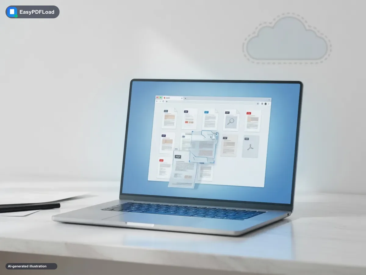 Laptop browser processing PDF files on the device with an unused cloud icon in the background — AI-generated illustration, EasyPDFLoad