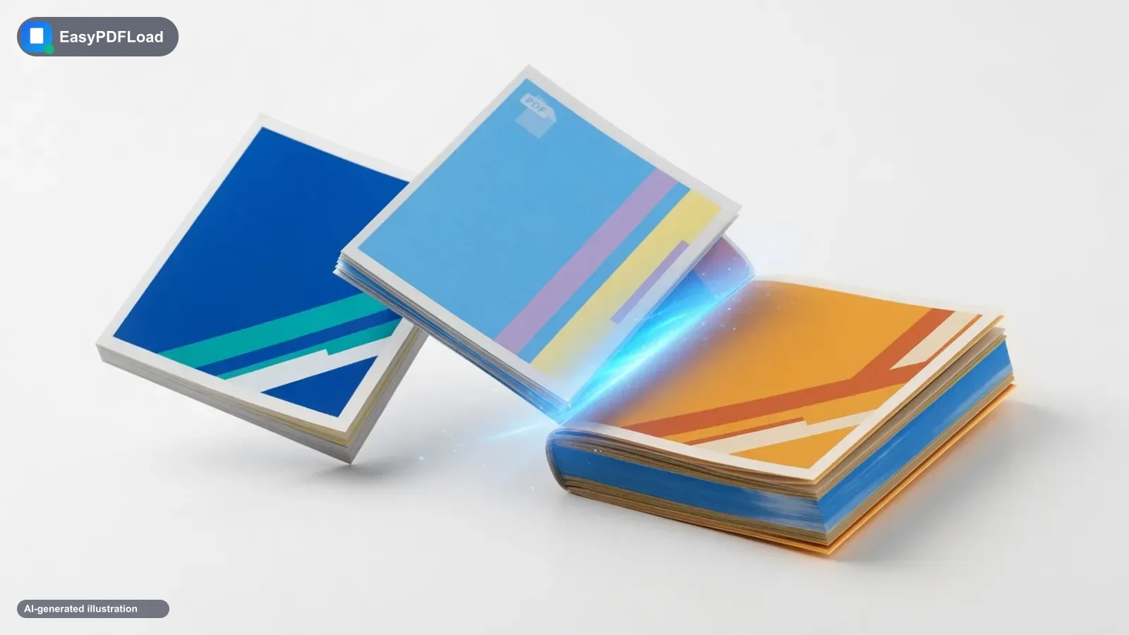 Three colorful PDF documents merging into one combined file on a white studio surface — AI-generated illustration, EasyPDFLoad
