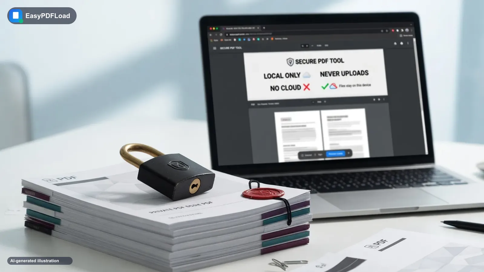 Padlock resting on a stack of private PDF documents with a laptop in the background — AI-generated illustration, EasyPDFLoad
