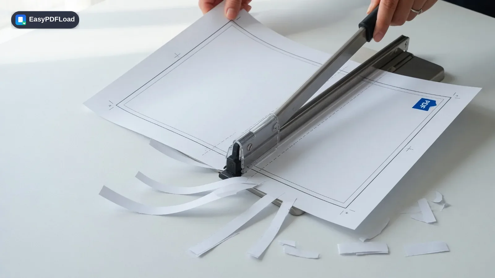 A paper cutter trimming extra margins off a PDF page with crop marks — AI-generated illustration, EasyPDFLoad