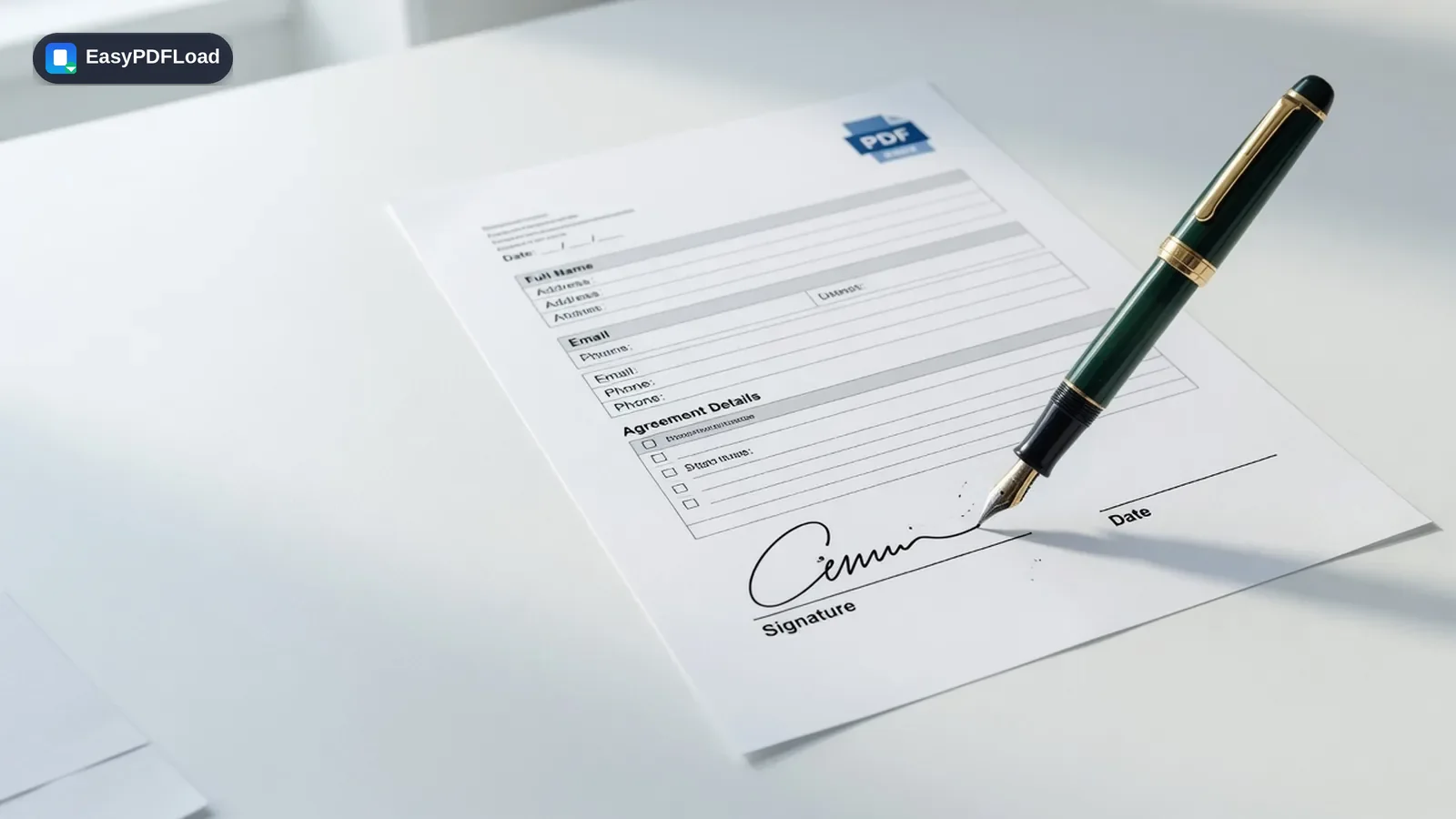 A fountain pen filling and signing a PDF form on a white desk — AI-generated illustration, EasyPDFLoad