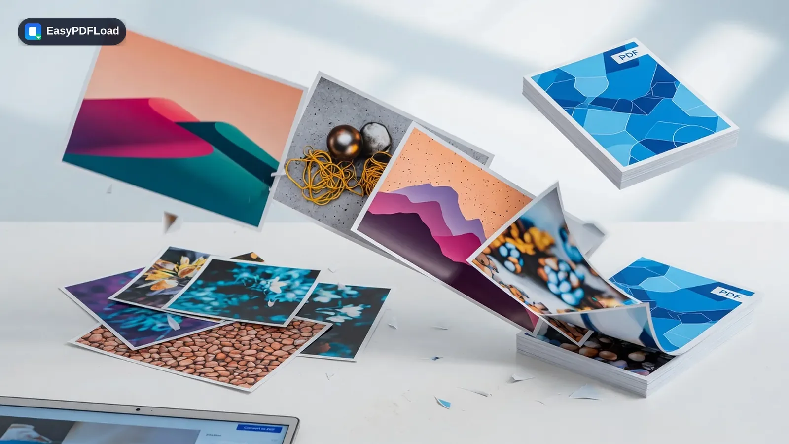 Photo prints converting into a single PDF document — AI-generated illustration, EasyPDFLoad