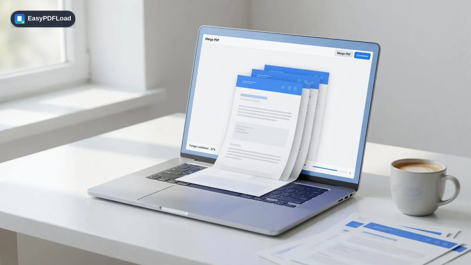 Laptop on a desk showing EasyPDFLoad merging PDF files in the browser, with pages combining on screen — AI-generated illustration, EasyPDFLoad