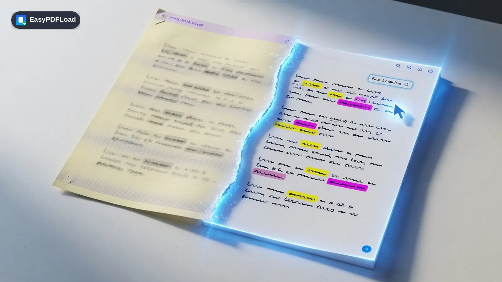 A scanned paper page transforming into a searchable PDF with highlighted text — AI-generated illustration, EasyPDFLoad