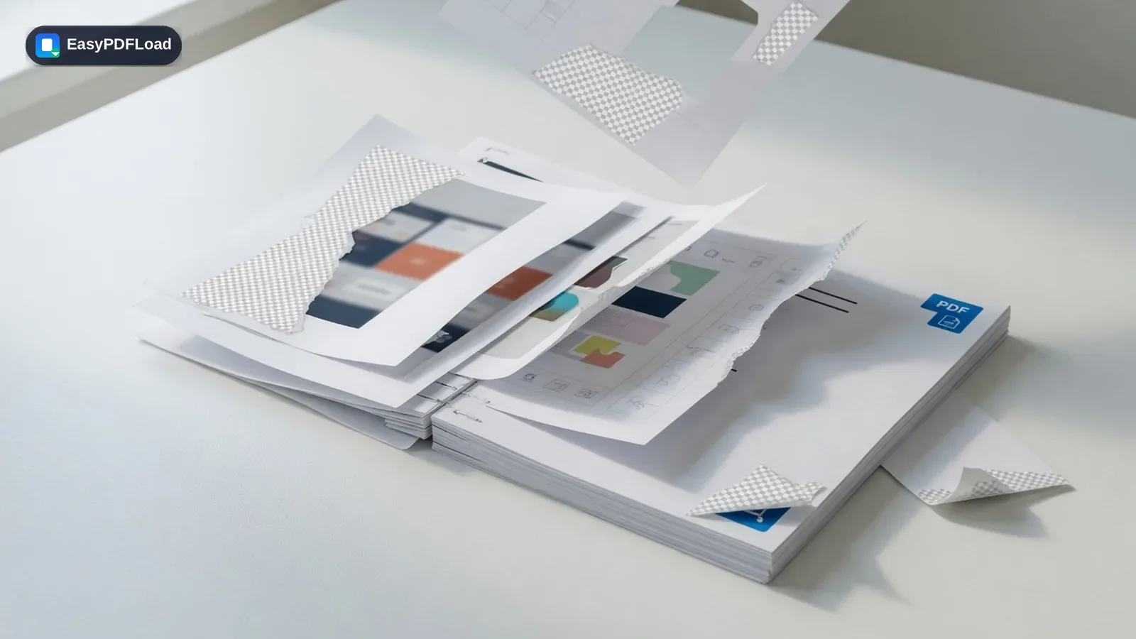 PNG screenshots and images stacking into a single PDF document — AI-generated illustration, EasyPDFLoad