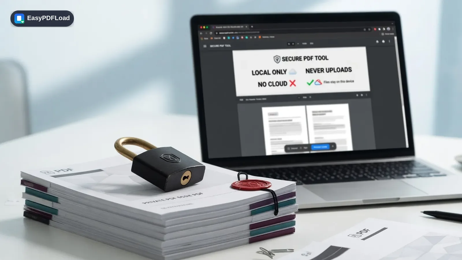 Padlock resting on a stack of private PDF documents with a laptop in the background — AI-generated illustration, EasyPDFLoad