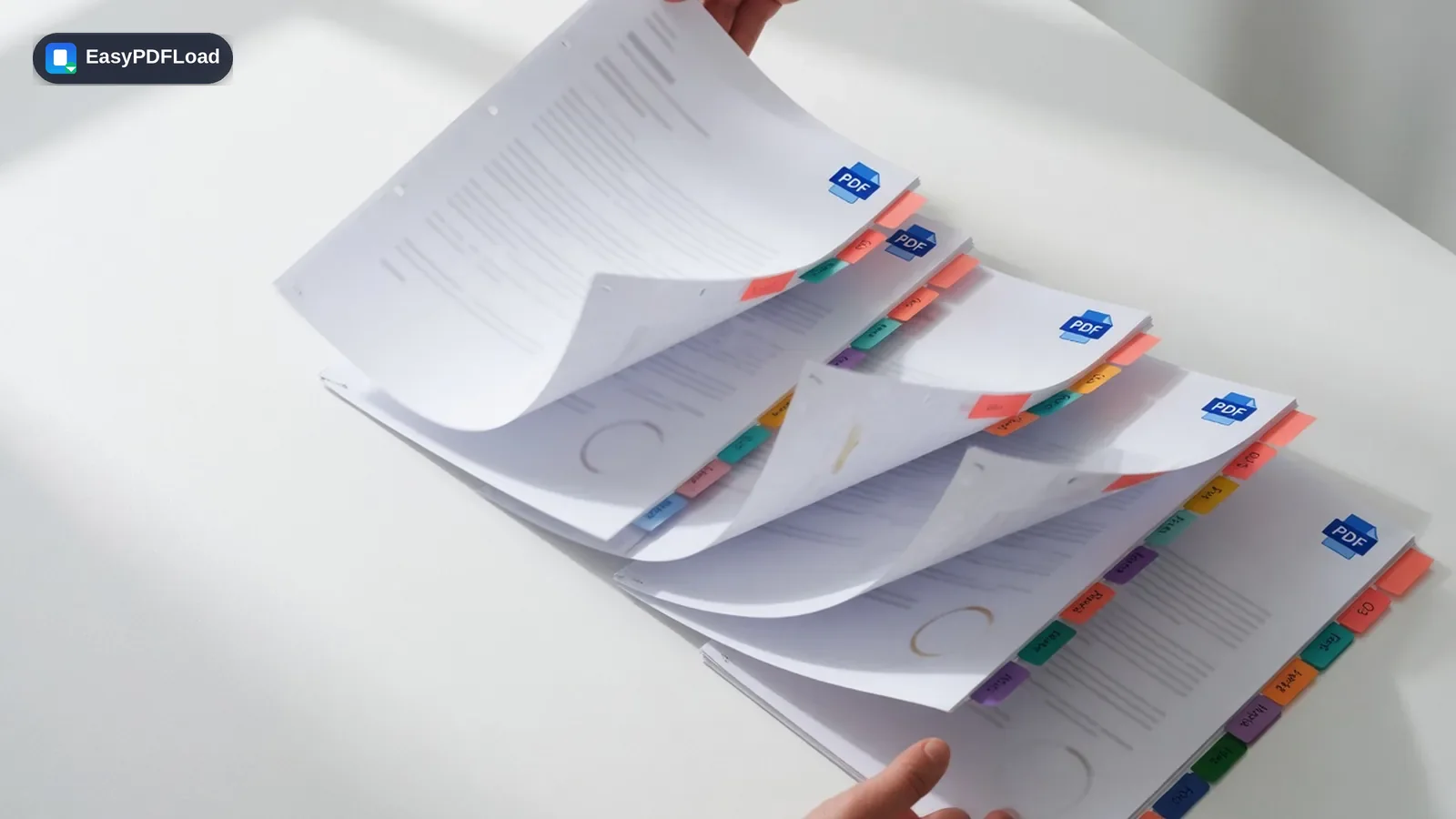 PDF pages fanned out and shuffled into a new order on a white studio desk — AI-generated illustration, EasyPDFLoad