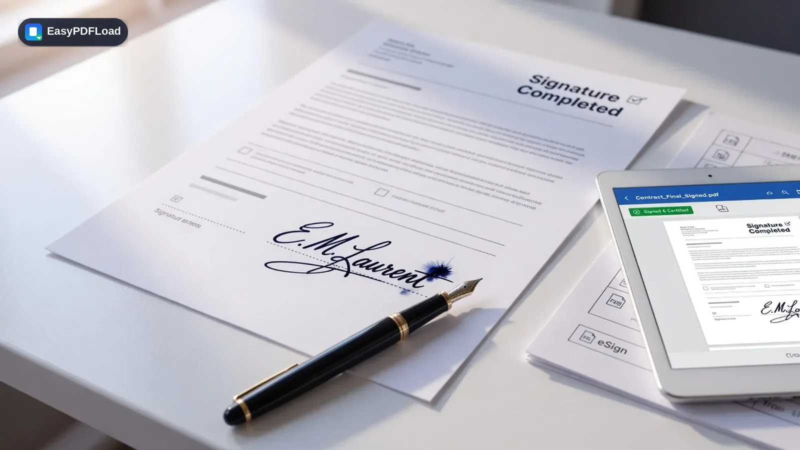 Fountain pen signing a PDF document next to a tablet showing the signed file — AI-generated illustration, EasyPDFLoad